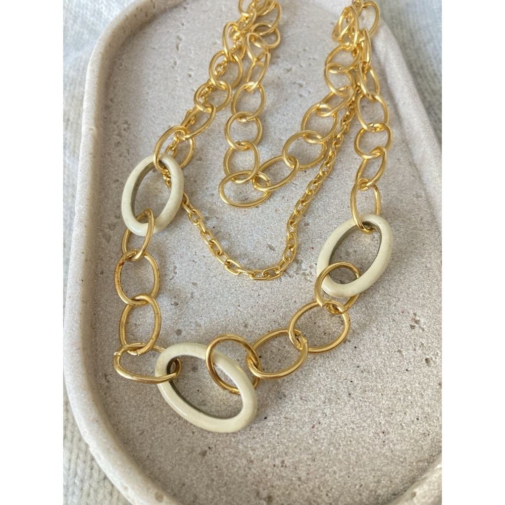 Gold Tone Multi Strand‎ Chain Necklace Cream Oval Ring Accents Chunky Statement
